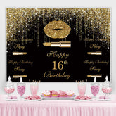 Lofaris Golden Glitter Bokeh and Black Happy 16Th Backdrop
